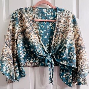 Bohemian Blue Tie-Front Top Boho Whimsical Indie Aesthetic